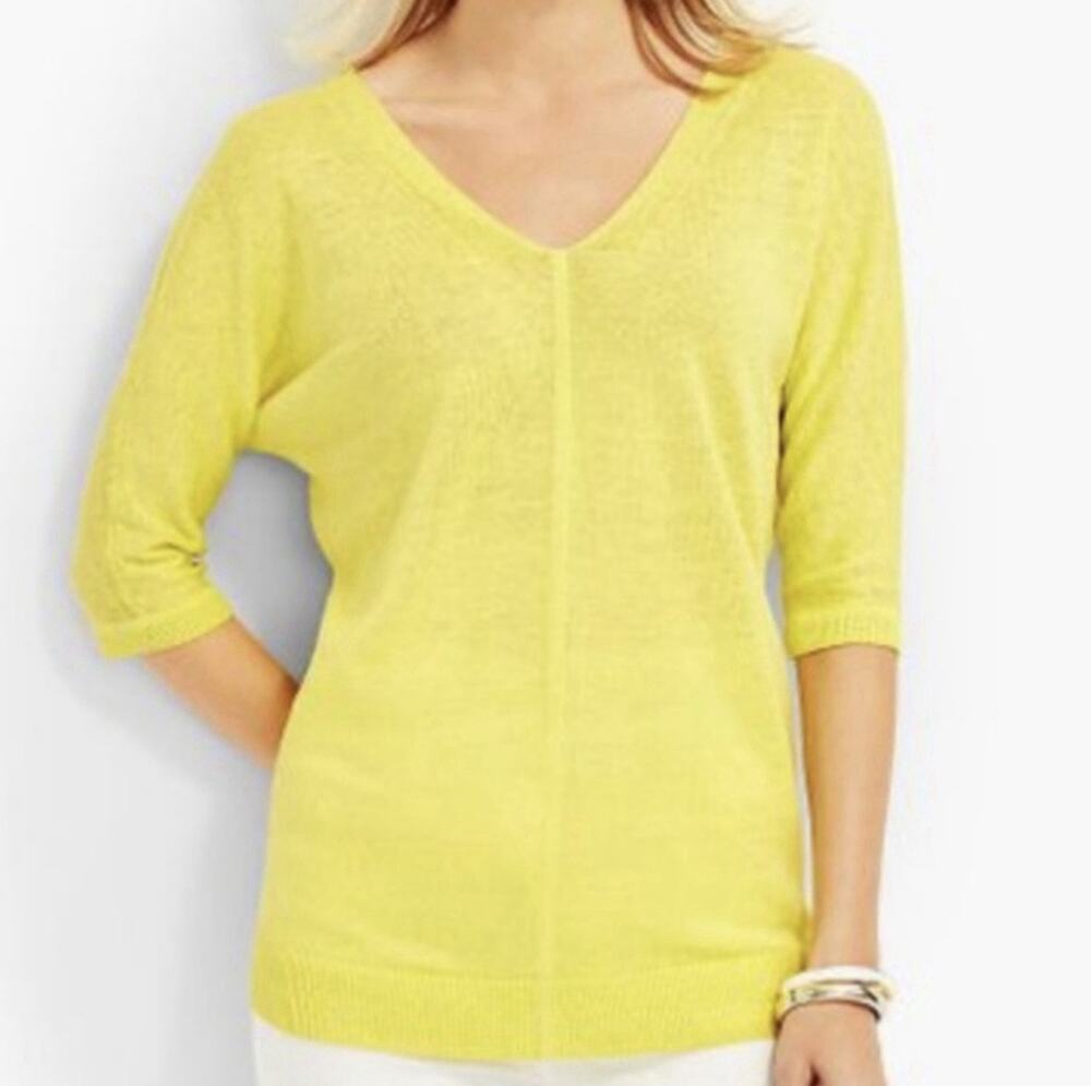 Talbots Linen Slub Knit V-Neck Sweater Top L Yellow Dolman Elbow Sleeve Coastal